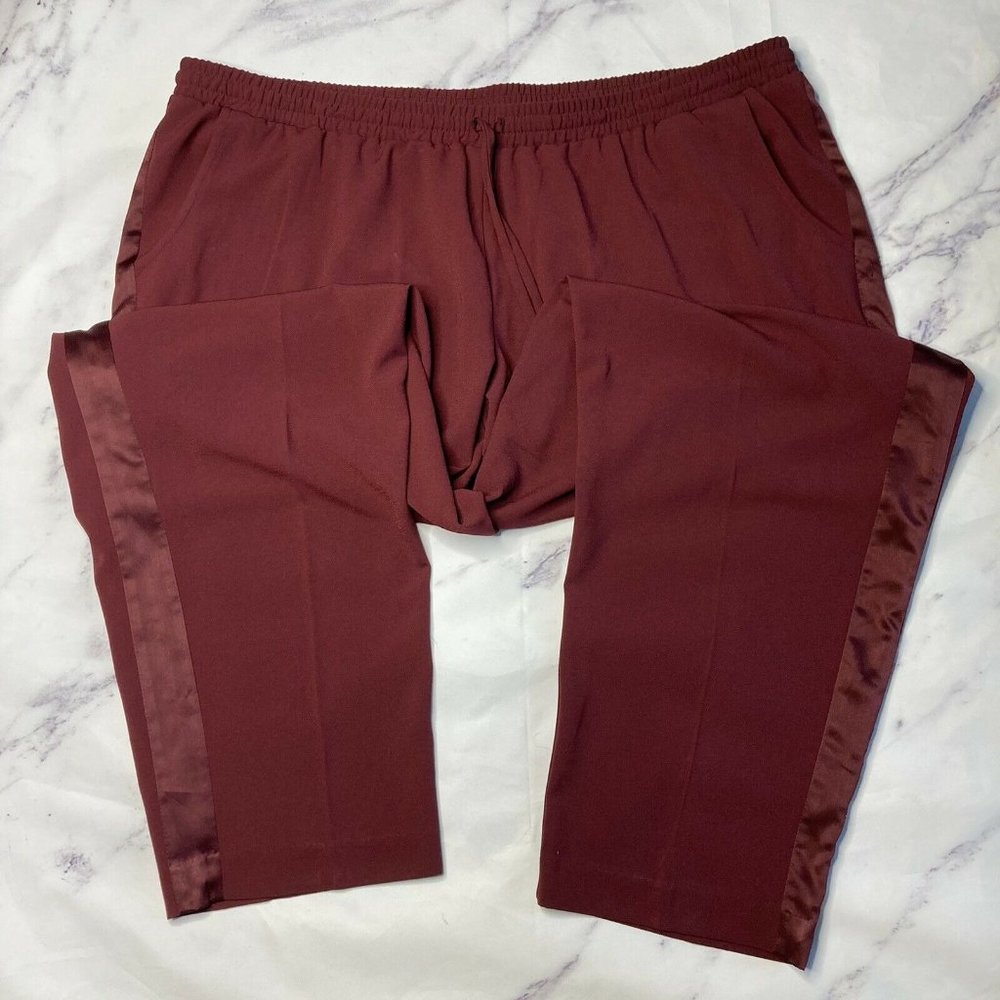 Lane Bryant Dress Pants Womens Size 22/24 Burgandy Stretch Tie Waist Satin Trim